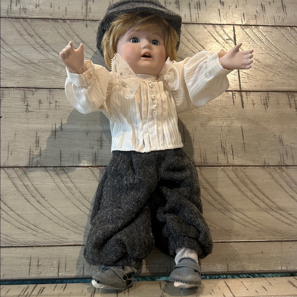 VTG Porcelain Doll Position Sit or Stand Fancy Pleated Shirt Wool Pants Blonde